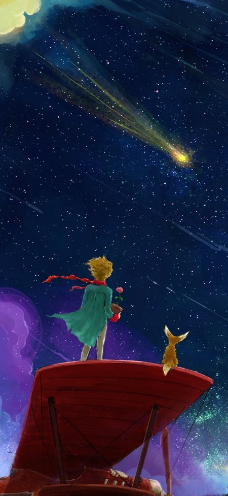 小王子金发绿衣持玫瑰与狐狸仰望流星深蓝紫梦幻动漫手机壁纸