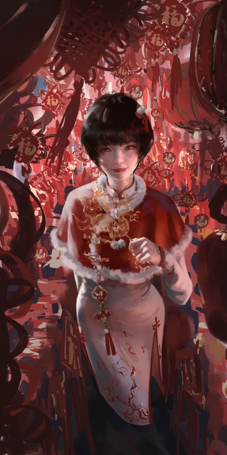 新年鬼刀小绿少女手持糖画福字灯笼暗红古风动漫手机壁纸