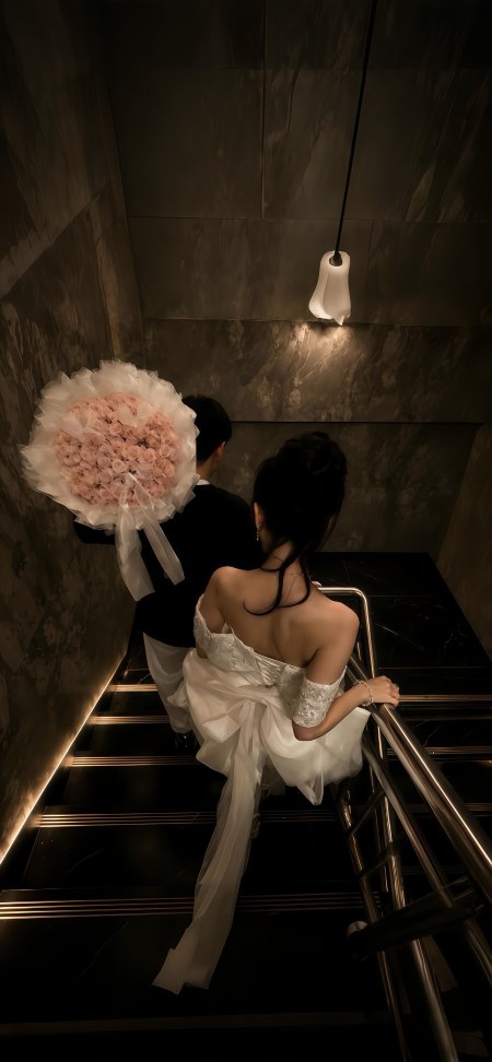 新娘新郎楼梯背影婚纱照暖金情感文艺手机壁纸
