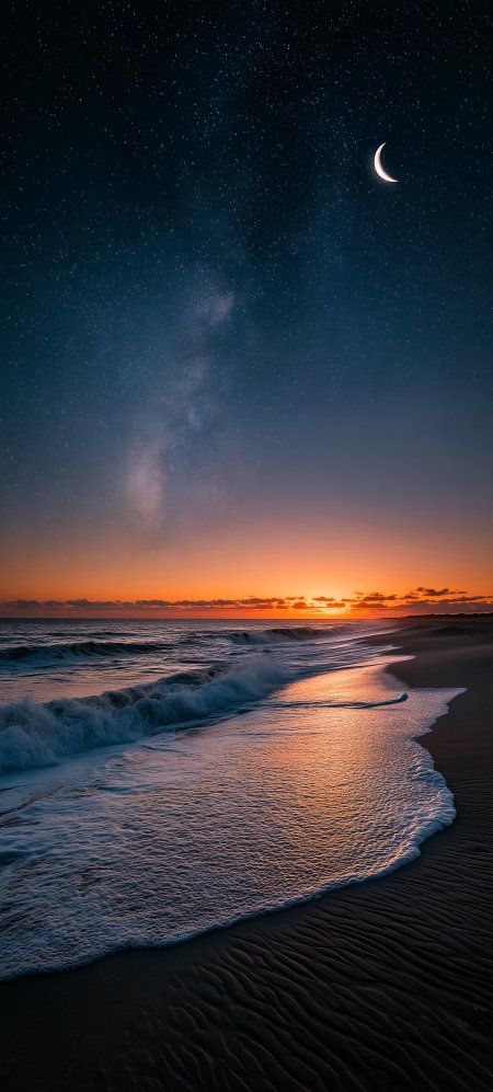 星空银河新月映照海浪沙滩橙蓝渐变风景手机壁纸