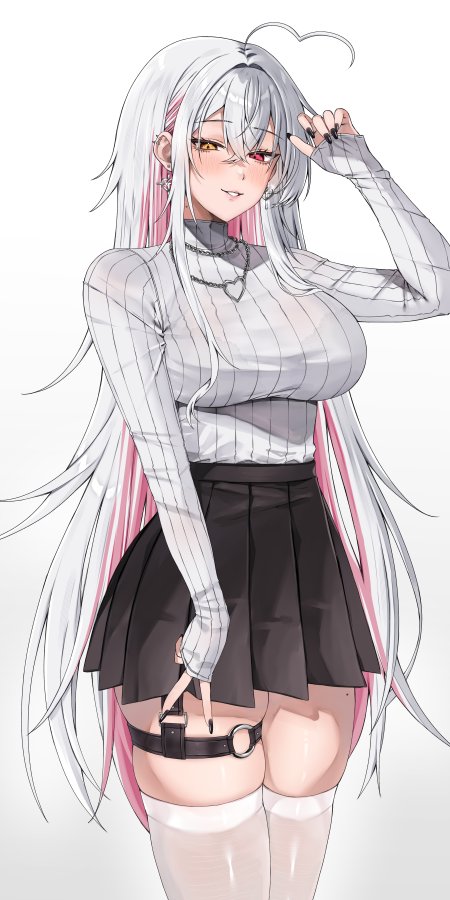 银发粉挑染异色瞳少女高领条纹衫黑裙动漫手机壁纸