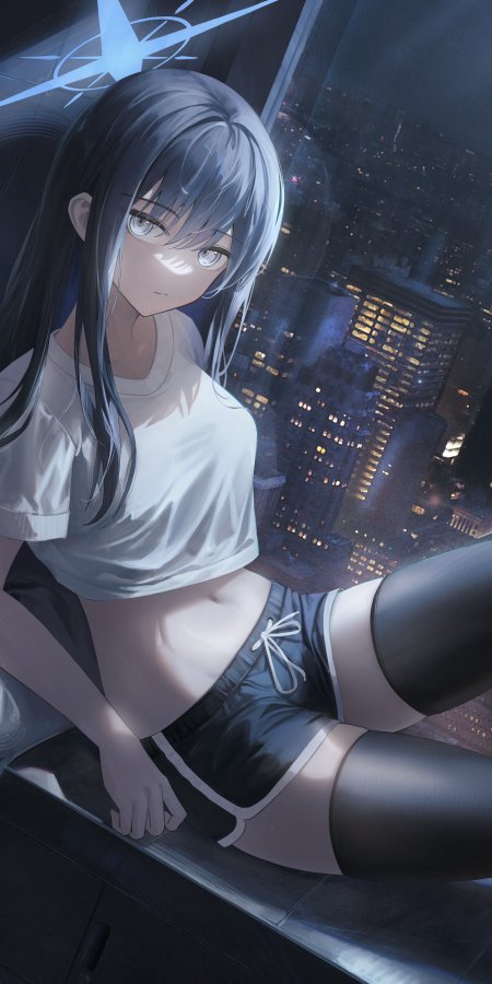 银发少女夜景窗边凝望蓝紫动漫手机壁纸