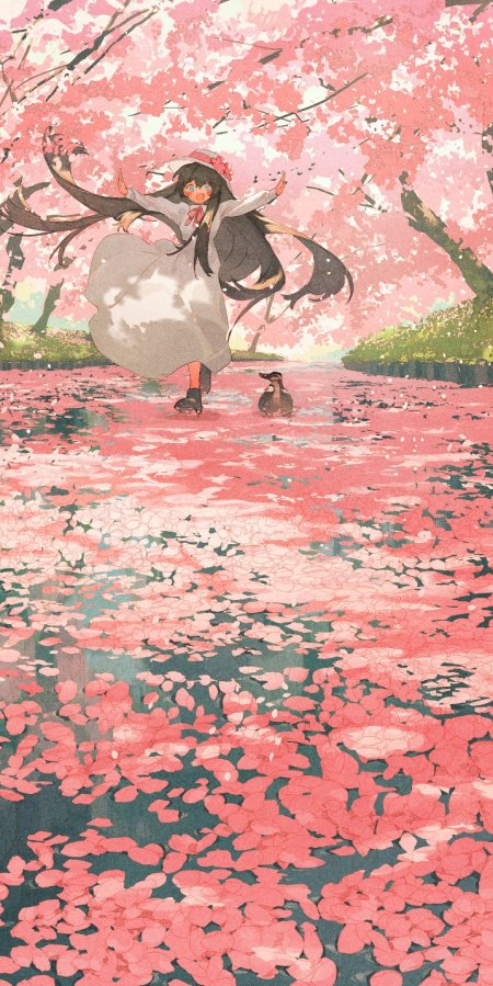 樱花树下黑发少女张开双臂奔跑粉白唯美动漫手机壁纸