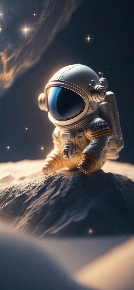 宇航员跪坐月球表面星云闪耀暗蓝太空科幻手机壁纸