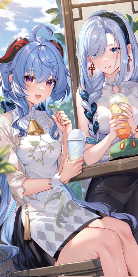 原神甘雨与申鹤少女饮茶闲坐粉紫动漫手机壁纸