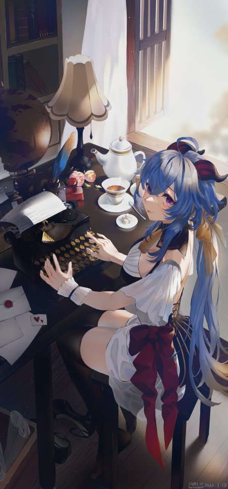 原神甘雨蓝发紫瞳少女窗边打字暖光动漫手机壁纸