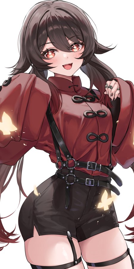 原神胡桃红衣黑裤少女微笑暖红动漫手机壁纸