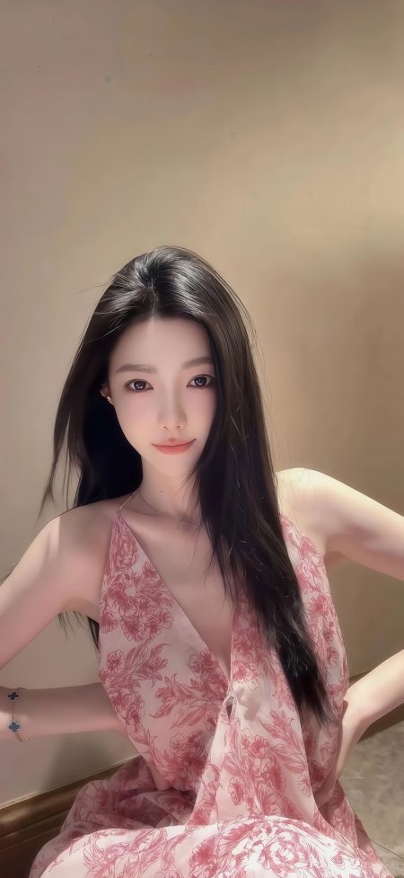 长发黑直红花吊带裙美女暖金人物摄影手机壁纸