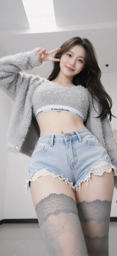 长发美女灰毛绒外套浅蓝破洞牛仔短裤蕾丝渔网袜暖白人物摄影手机壁纸