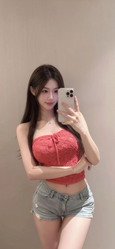 长发美女镜前自拍红蕾丝上衣浅蓝牛仔短裤暖粉人物摄影手机壁纸
