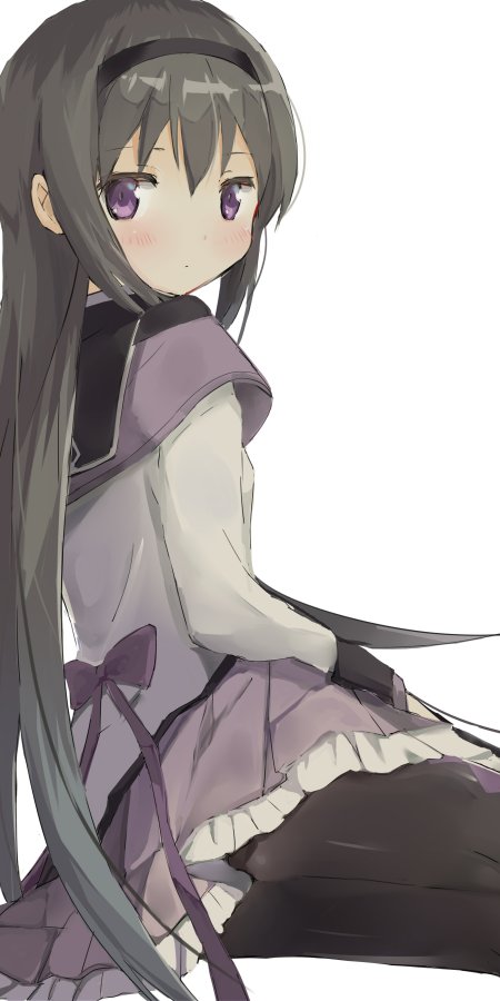 长发紫眸少女侧身回眸浅笑灰紫配色动漫手机壁纸