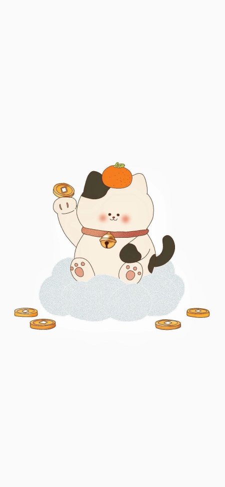 招财猫举币顶橘坐云朵暖橙萌宠卡通手机壁纸