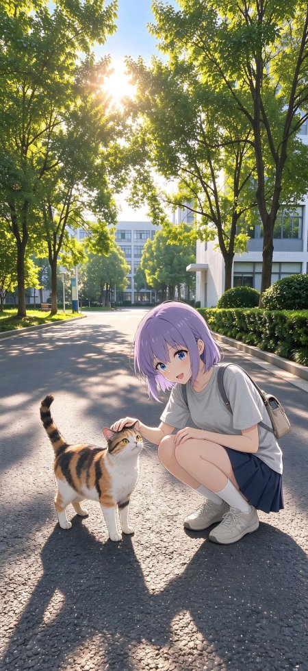 紫发蓝眼少女蹲路旁轻抚三花猫阳光绿荫动漫手机壁纸