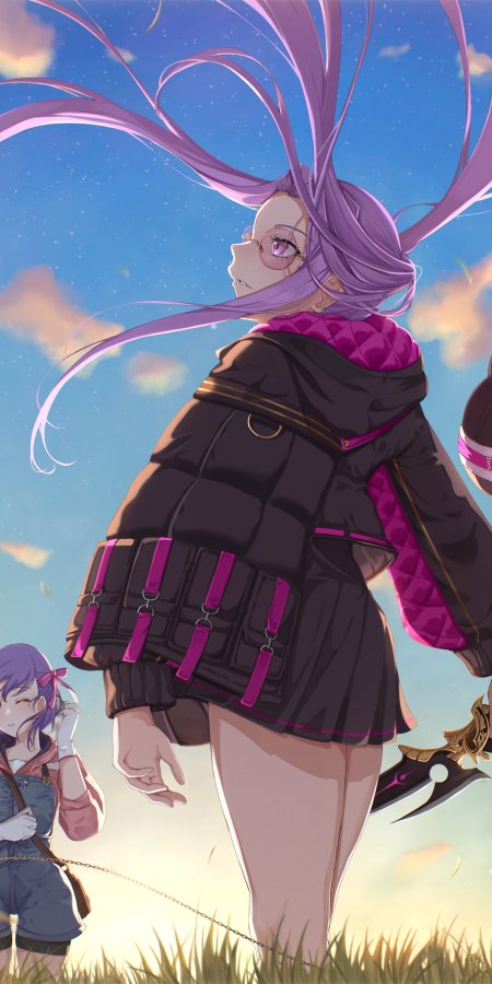 紫发少女戴眼镜持武器侧身站立粉紫蓝调动漫手机壁纸