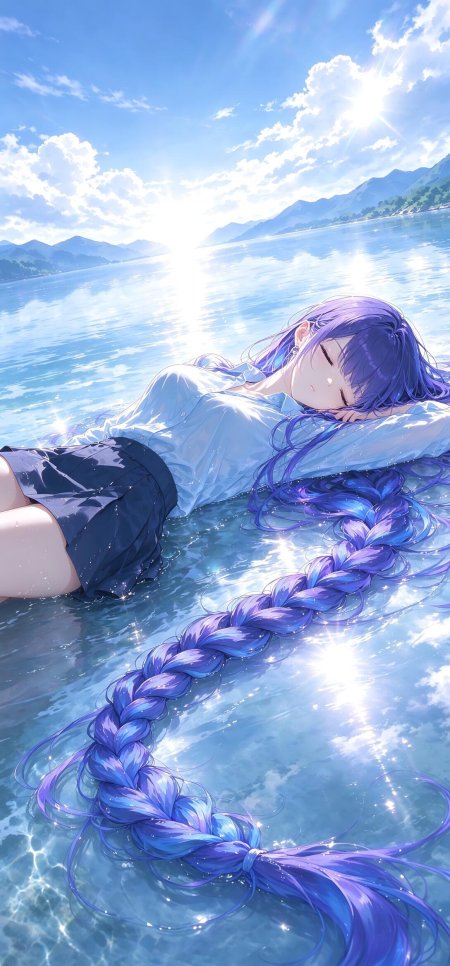 紫发少女湖面漂浮闭眼休憩蓝白清新动漫手机壁纸