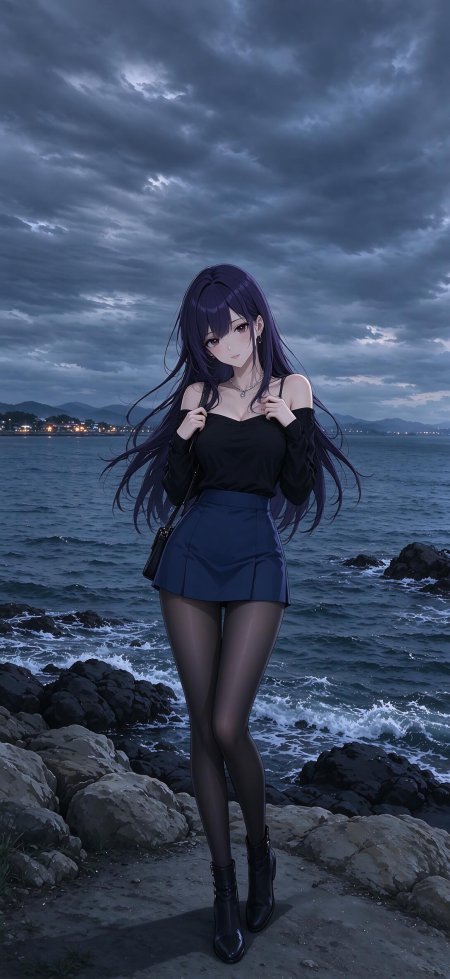 紫发少女海边岩石伫立暗蓝忧郁动漫手机壁纸