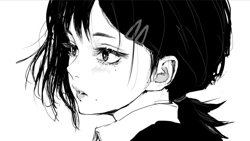 《电锯人》东山小红黑发少女侧颜泪痣黑白线条动漫电脑壁纸