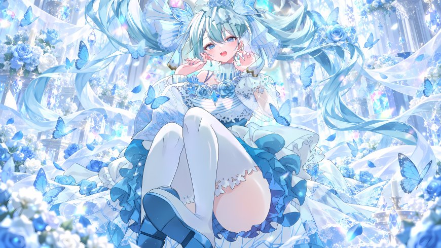 初音未来蓝白蕾丝裙蝴蝶花海少女动漫电脑壁纸
