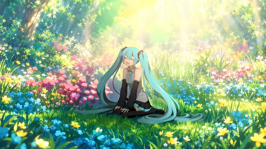 初音未来蓝发双马尾少女坐花丛中微笑绿光森林动漫电脑壁纸