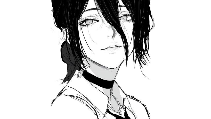 电锯人玛奇玛黑发冷艳少女黑白动漫电脑壁纸