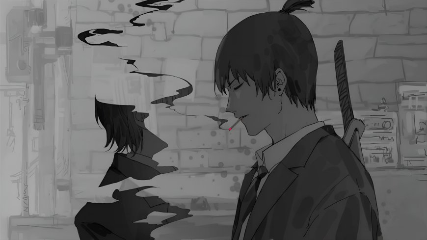 电锯人早川秋叼烟侧影灰黑动漫电脑壁纸