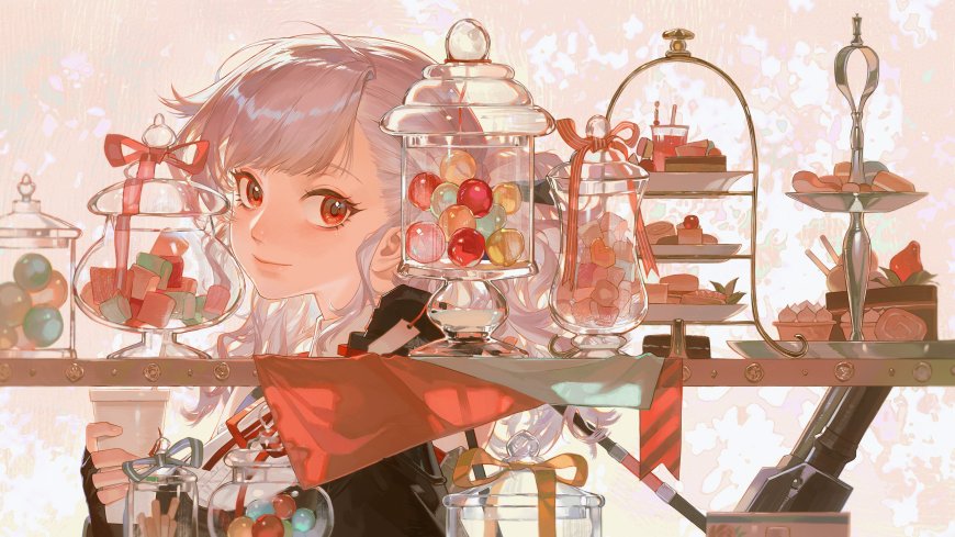 粉发红瞳少女甜品柜台前微笑粉紫动漫电脑壁纸