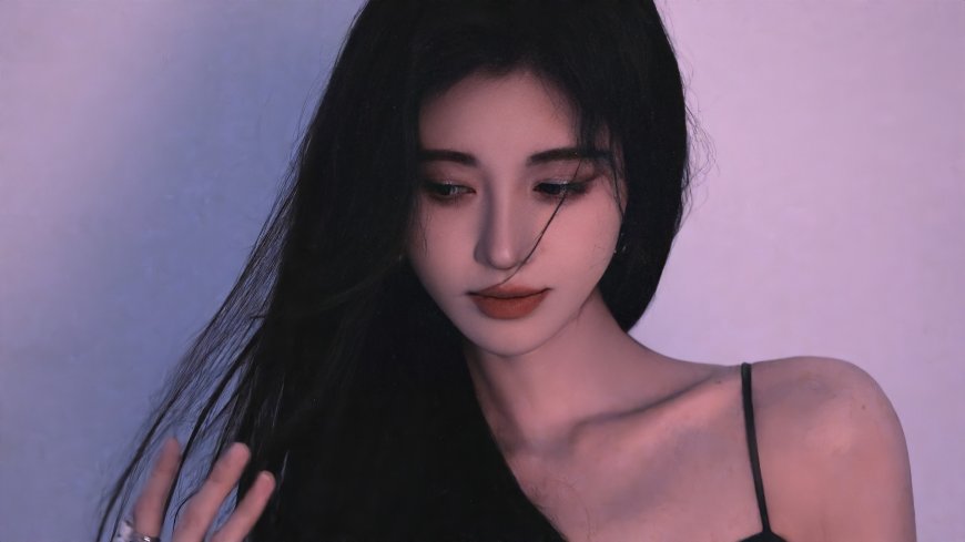 黑发长直美女低眸浅笑紫蓝调人物摄影电脑壁纸