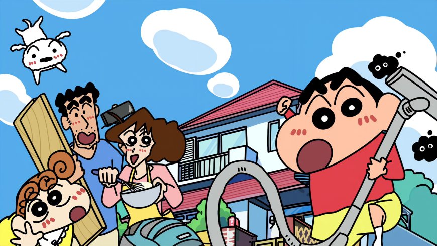 蜡笔小新野原一家大扫除热闹蓝白动漫电脑壁纸
