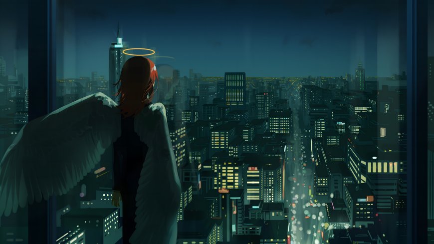 《电锯人》红发天使少女背翼凝望夜景城市蓝绿动漫电脑壁纸