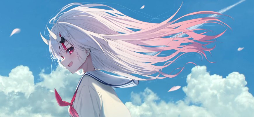 白发粉梢少女水手服微笑蓝天白云动漫电脑壁纸