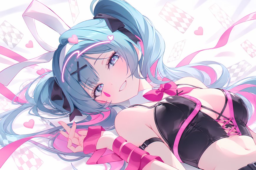 初音未来蓝发粉饰爱心蝴蝶结动漫电脑壁纸