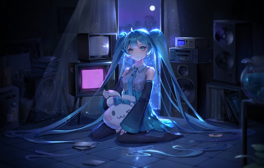 初音未来蓝发双马尾抱玩偶坐地月光窗景蓝紫动漫电脑壁纸