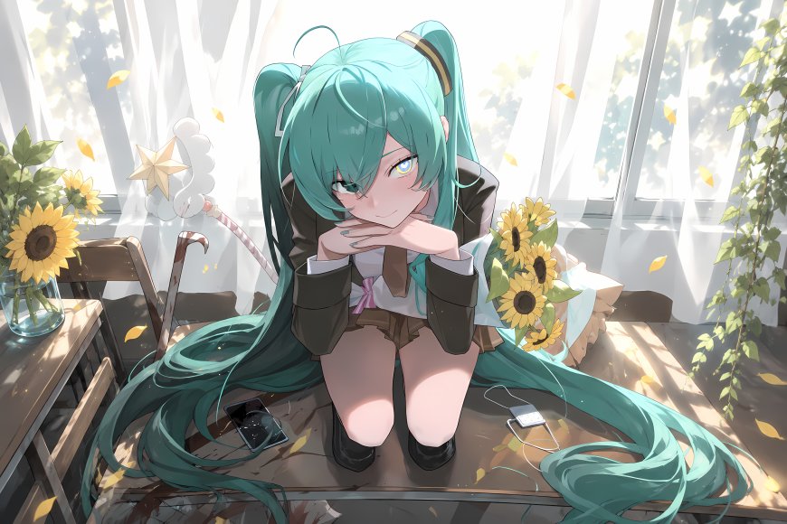 初音未来青发双马尾少女托腮微笑暖光动漫电脑壁纸