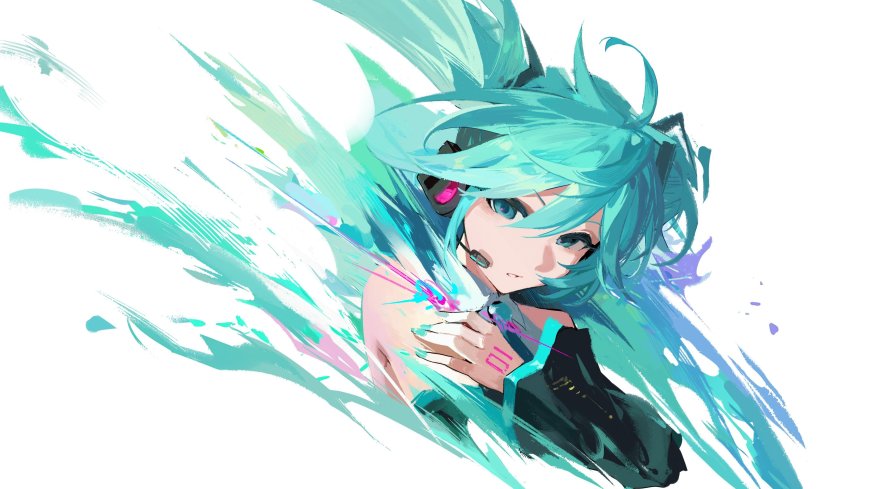 初音未来青发飞扬手持麦克风蓝绿炫彩动漫电脑壁纸