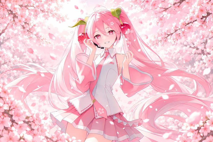 初音未来樱花纷飞粉白少女动漫电脑壁纸