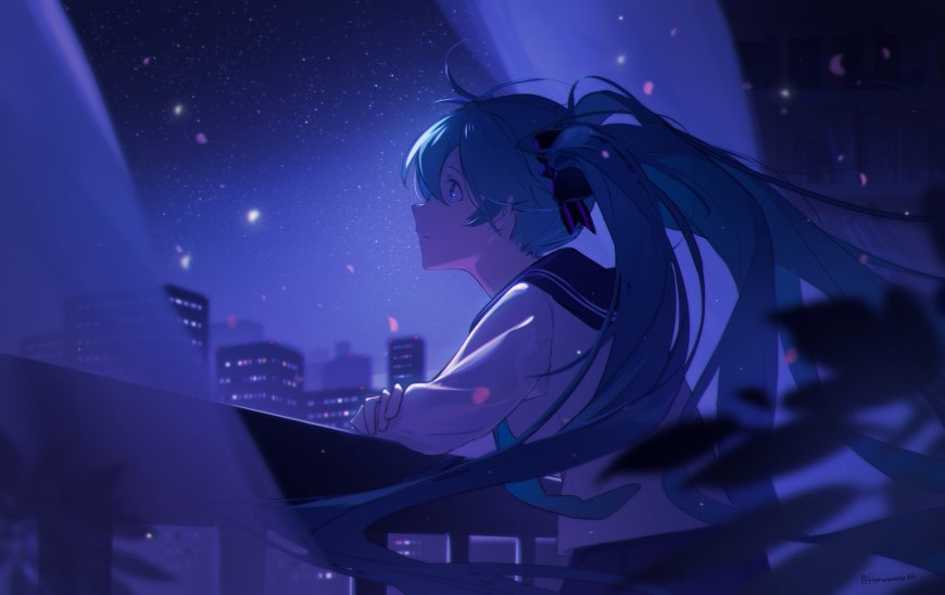 初音未来夜景仰望星空蓝紫动漫电脑壁纸