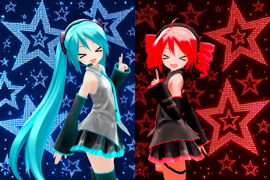 初音未来与重音双人舞台蓝红星光动漫电脑壁纸