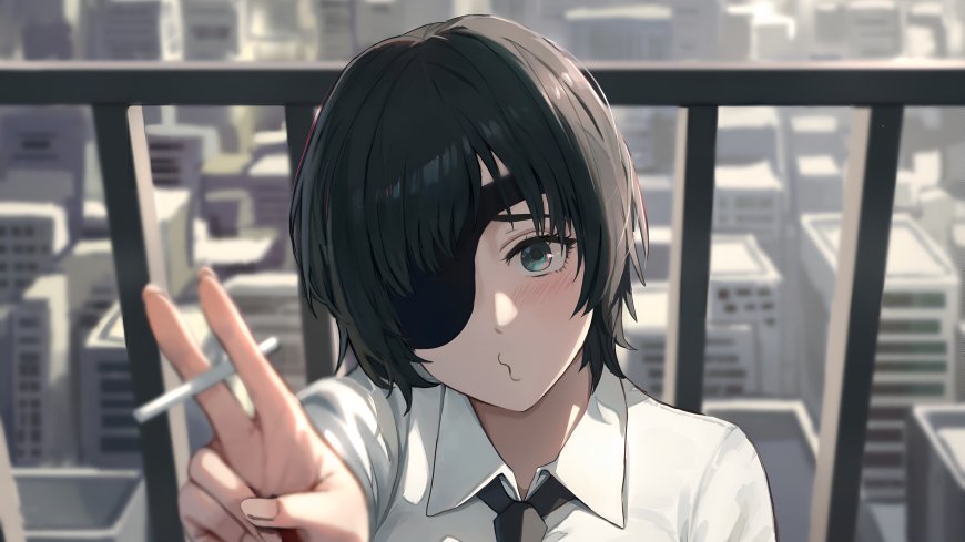 电锯人姬野黑短发眼罩少女比耶城市背景蓝灰动漫电脑壁纸