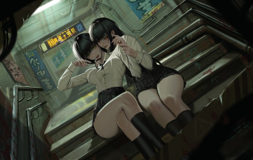 电锯人玛奇玛与蕾塞地铁楼梯互动暗绿赛博朋克动漫电脑壁纸