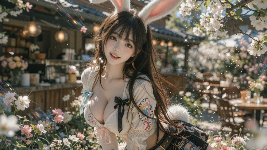 动漫CG少女兔耳花丛微笑粉白唯美电脑壁纸