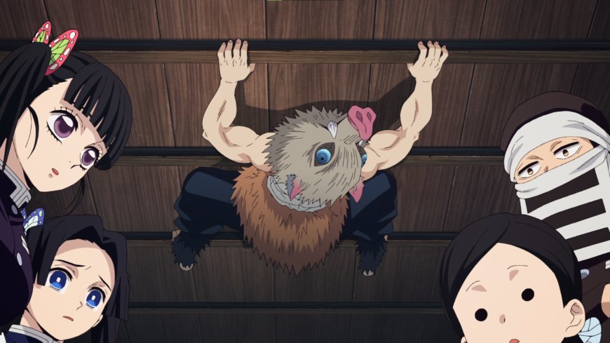 鬼灭之刃我妻善逸猪头面具倒挂木梁紫眸少女环绕动漫电脑壁纸