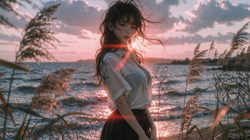 海边夕阳下长发少女白衬衫黑裙粉紫光影CG动漫电脑壁纸