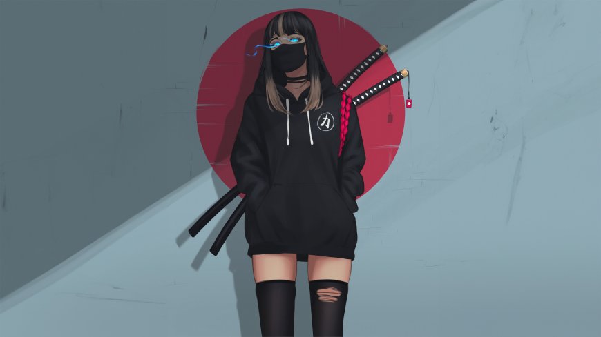 黑发蓝眼蒙面少女背双刀红日背景暗灰动漫电脑壁纸