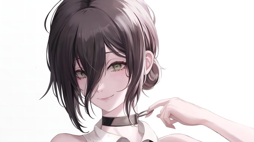 姬野电锯人少女黑发绿眸微笑白背景粉紫唯美电脑壁纸