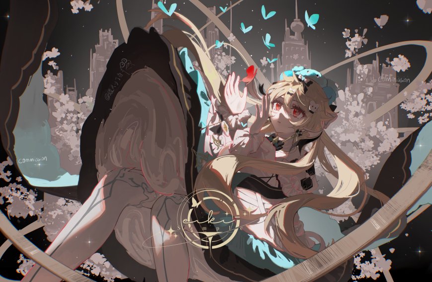 金发红瞳少女伸手触蝶夜樱都市背景蓝白粉紫动漫电脑壁纸