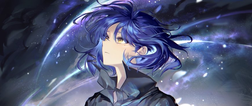 蓝发金瞳少年仰望星河紫蓝梦幻动漫电脑壁纸