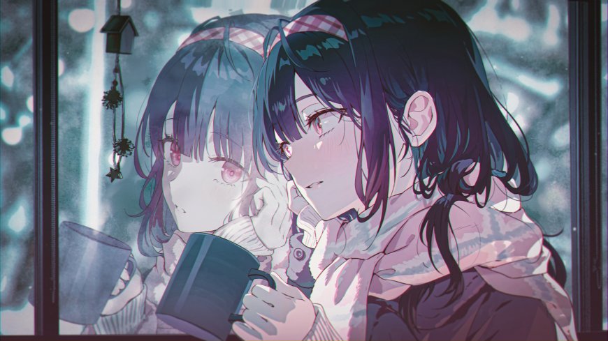 蓝发少女窗边捧杯玻璃倒影粉紫动漫电脑壁纸