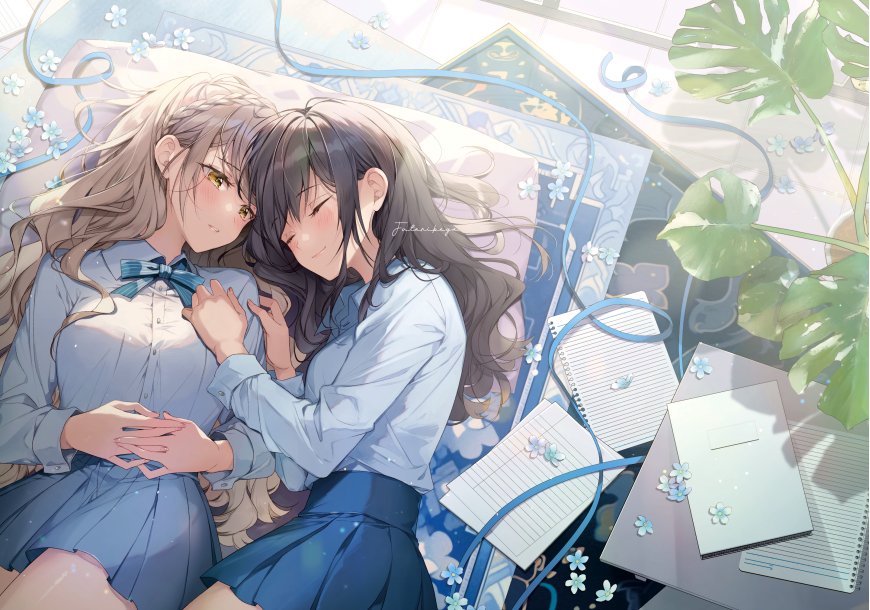 两位少女依偎床榻蓝白校服温柔粉紫动漫电脑壁纸