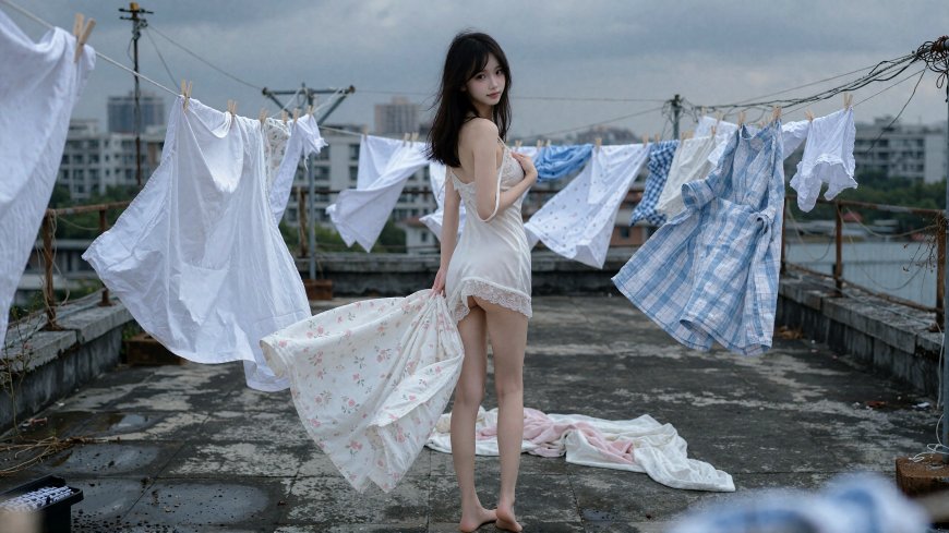 美女屋顶晾衣白裙花边浅灰人物摄影电脑壁纸