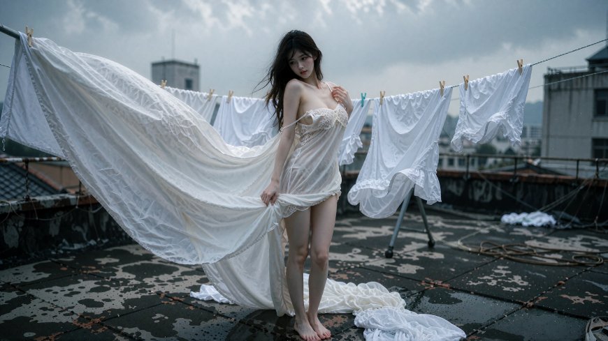 美女白纱飘逸湿地面灰蓝阴天人物摄影电脑壁纸